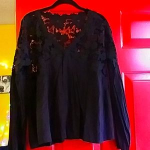 Black half lace detail vneck blouse